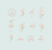 Desserts on cake stand in art deco style labels drawing with pink on turquoise background vector