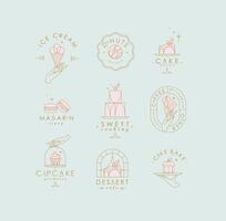 Bakery dessert labels with lettering in art deco style drawing on turquoise background vector