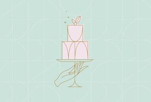 Cake stand with dessert in art deco style holding by hand drawing on turquoise background vector