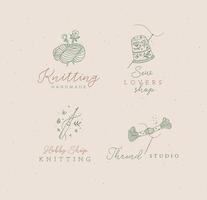 Sewing elements skein of thread, thimble, yarn, wool, crochet with lettering drawing in floral style on turquoise background vector