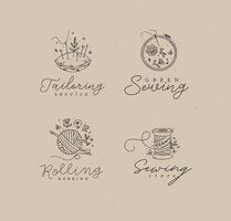 Sewing labels pillow with needles, embroidery circle, ball and skein of thread with lettering drawing in floral style on coffee color background vector