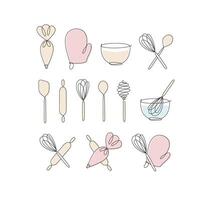 Linear bakery tools pastry bag, potholder, bowl, whisk, spoon, rolling pin, spatula drawing in pen line style on light background vector