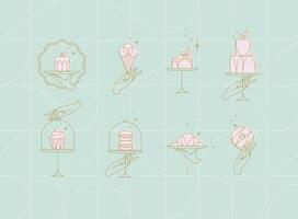 Desserts on cake stand in art deco style labels drawing on turquoise background vector