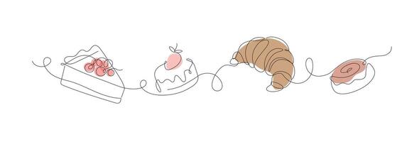 Bakery desserts cake, croissant, cupcake linear style silhouette drawing with color on white background vector