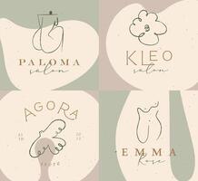Labels art style woman back, torso, cloud, bird with lettering drawing on pastel color background vector