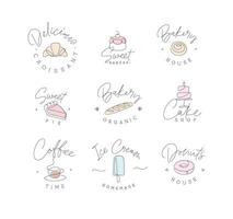 Linear bakery and dessert labels croissant, cupcake, pie, baguette, cake, coffee, ice cream, doughnut with lettering drawing in pen line style on light background vector