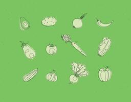 Vegetables icons avocado, potato, onion, chili, eggplant, tomato, carrot, lettuce, cucumber, garlic beet pepper drawing in linear style on green background vector