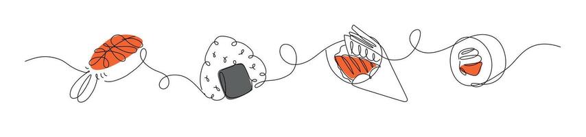 Asian food sushi and roll nigiri, onigiri, temaki, maki panorama set drawing in linear style with color on white background. vector