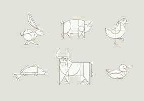Animals rabbit, pig, chicken, fish, cow, duck drawing in art deco linear style on beige background vector