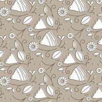 Ethnic floral and bird pattern drawing in linear style on beige background vector