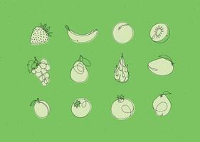 Fruits icons strawberry, banana, apricot, kiwi, grapes, pear, dragon fruit, mango, peach, blueberry pomegranate quince drawing in linear style on green background vector