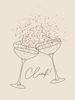 Clink glass of champagne with splash drawing in pen line style on beige background vector