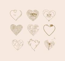 Hearts shape with flower, eye, fingerprint, wave, arrow, stone drawing in graphic style on peach background vector