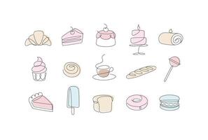 Linear bakery and dessert icons cupcake, lollipop, coffee, baguette, pie, doughnut, ice cream, cake, macarons, bread, biscuit drawing in pen line style on light background vector