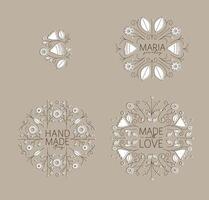 Ethnic floral labels with lettering drawing in linear style on beige background vector