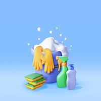 3D set of home cleaning tools isolated. Render collection of accessories for washing dishes and house cleaning. Bottle of detergent, soap, gloves. Bucket with foam and sponge. vector