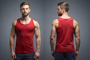 Mockup of a Man Wearing a Cardinal Red Tank Top - Front and Back View photo