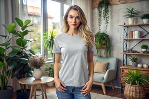 Mockup of a Woman Wearing a Plain Ice Grey T-Shirt in Studio photo