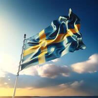 Proud Flutter of the Sweden Flag Against the Sky Background photo