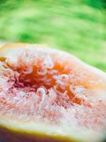 Fresh fig fruit pulp macro soft focus close up. Organic food beautiful background. Harvesting figs. Shallow depth of field fruit texture. High quality photo