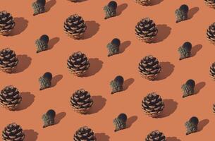 Trendy autumn or fall pattern made with pinecones and acorns or oak nuts on orange background. Minimal autumn objects composition. Nature flat lay. Season concept. photo