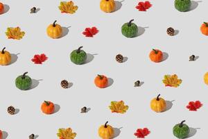 Trendy autumn or fall pattern made with pumpkins, yellow and red fallen leaves, nuts and pinecones on white background. Minimal autumn objects composition. Nature flat lay. Season concept. photo