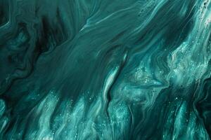 Fluid Art. Liquid emerald green abstract drips and wave. Marble effect background or texture photo