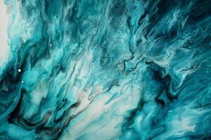 Fluid Art. Liquid dark turquoise abstract drips and wave. Marble effect background or texture photo