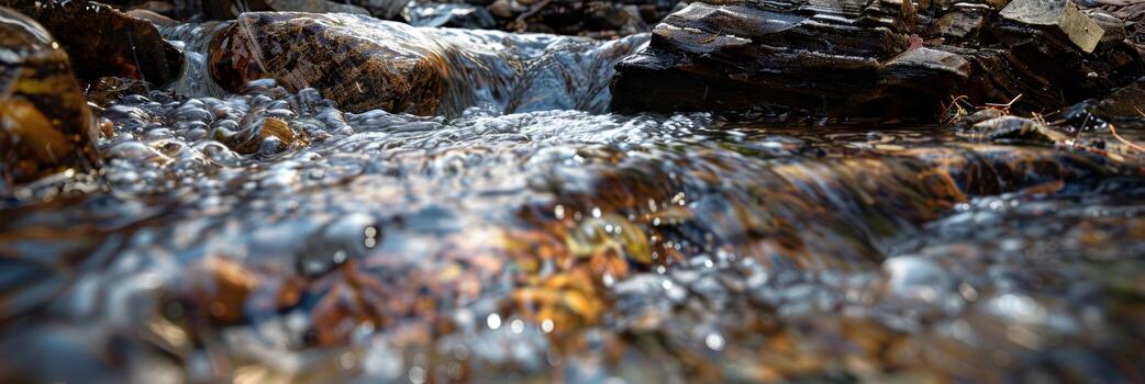 A serene stream cascades over smooth rocks, reflecting the light. photo