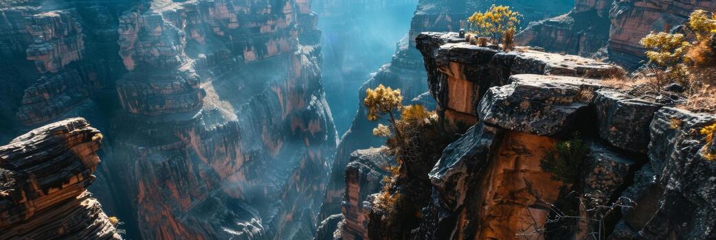 Aerial view of dramatic cliff edges and deep canyons under a clear sky. photo