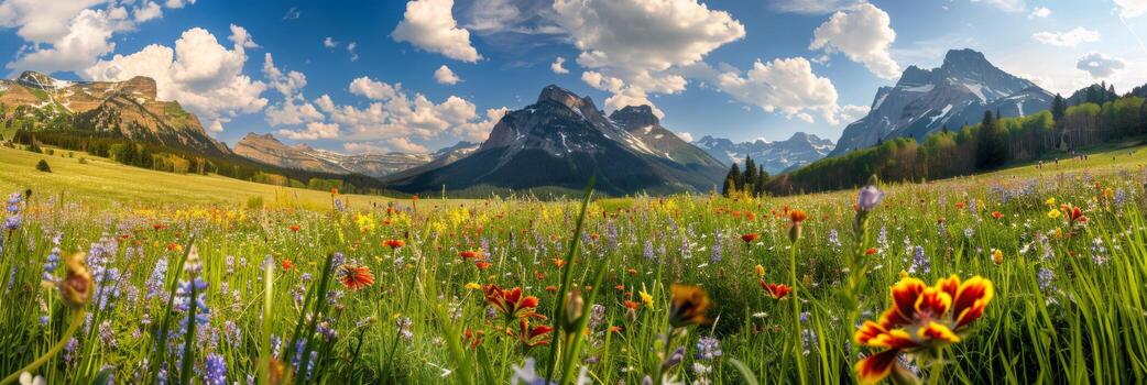 Vibrant wildflowers in a meadow with towering snow-capped mountains in the background. photo