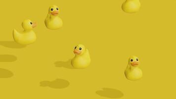 Yellow rubber ducks falling from the top 3d rendered animation video