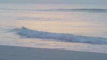 Close-up view of small waves on the sea in the morning or evening reflecting the soft sunlight on the beach. video