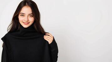 Photo portrait of lovely young lady hold look big empty space wear trendy knitwear black garment isolated on white color background