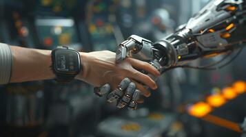 a portrait of a human hand shaking a robot's hand, with a technology laboratory in the background photo