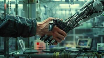 a portrait of a human hand shaking a robot's hand, with a technology laboratory in the background photo