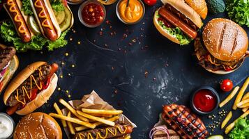 Summer BBQ food table with hot dog and hamburger buffet. Top down view over a dark slate background photo