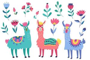 Set with funny lamas and flowers. Decorative colorful illustration in flat style. Great for creating greeting cards, posters vector