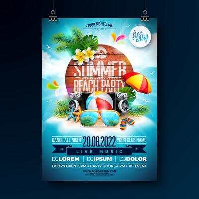 Summer Beach Party Flyer Design with Sunglasses and Speaker on Sandy Tropical Island and Typography Lettering on Vintage Wood Board Background. Summer Holiday Illustration with Exotic Palm