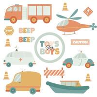set of children's toys for boy on the theme of rescue vehicles on a white background vector