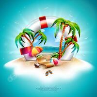 verano fiesta ilustración con cinturón salvavidas y exótico palma arboles en tropical isla antecedentes. diseño con Coco, playa pelota y Sombrilla en azul Oceano paisaje para bandera, volantes, invitación vector