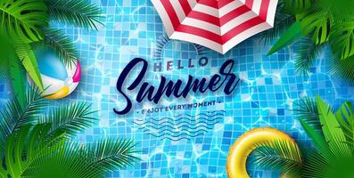Hello Summer Illustration with Swimbelt, Sunshade and Beach Ball on Water in the Tiled Pool Background. Summer Holiday Design with Exotic Palm Leaves for Banner, Flyer, Invitation, Brochure vector