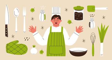 Chef and design elements. Kitchen utensils set. Flat illustrations for your design. vector