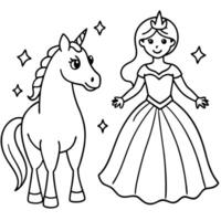 Cute princess cuddles with a unicorn. Coloring book page with colorful template for kids. Isolated illustration. For coloring book vector