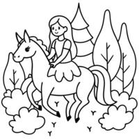 Cute princess cuddles with a unicorn. Coloring book page with colorful template for kids. Isolated illustration. For coloring book vector
