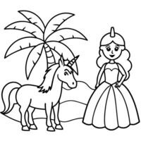 Cute princess cuddles with a unicorn. Coloring book page with colorful template for kids. Isolated illustration. For coloring book vector