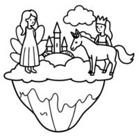 Cute princess cuddles with a unicorn. Coloring book page with colorful template for kids. Isolated illustration. For coloring book vector