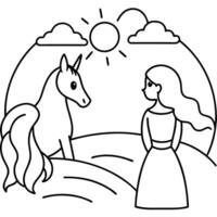 Cute princess cuddles with a unicorn. Coloring book page with colorful template for kids. Isolated illustration. For coloring book vector
