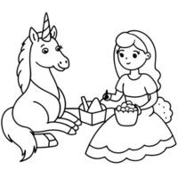 Cute princess cuddles with a unicorn. Coloring book page with colorful template for kids. Isolated illustration. For coloring book vector