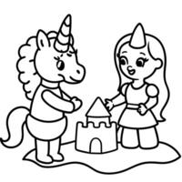 Cute princess cuddles with a unicorn. Coloring book page with colorful template for kids. Isolated illustration. For coloring book vector